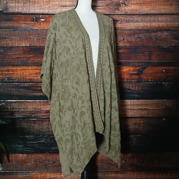 World Market One Size Open Kaftan Cardigan Embroidered Beaded Olive Green Boho - Picture 6 of 11